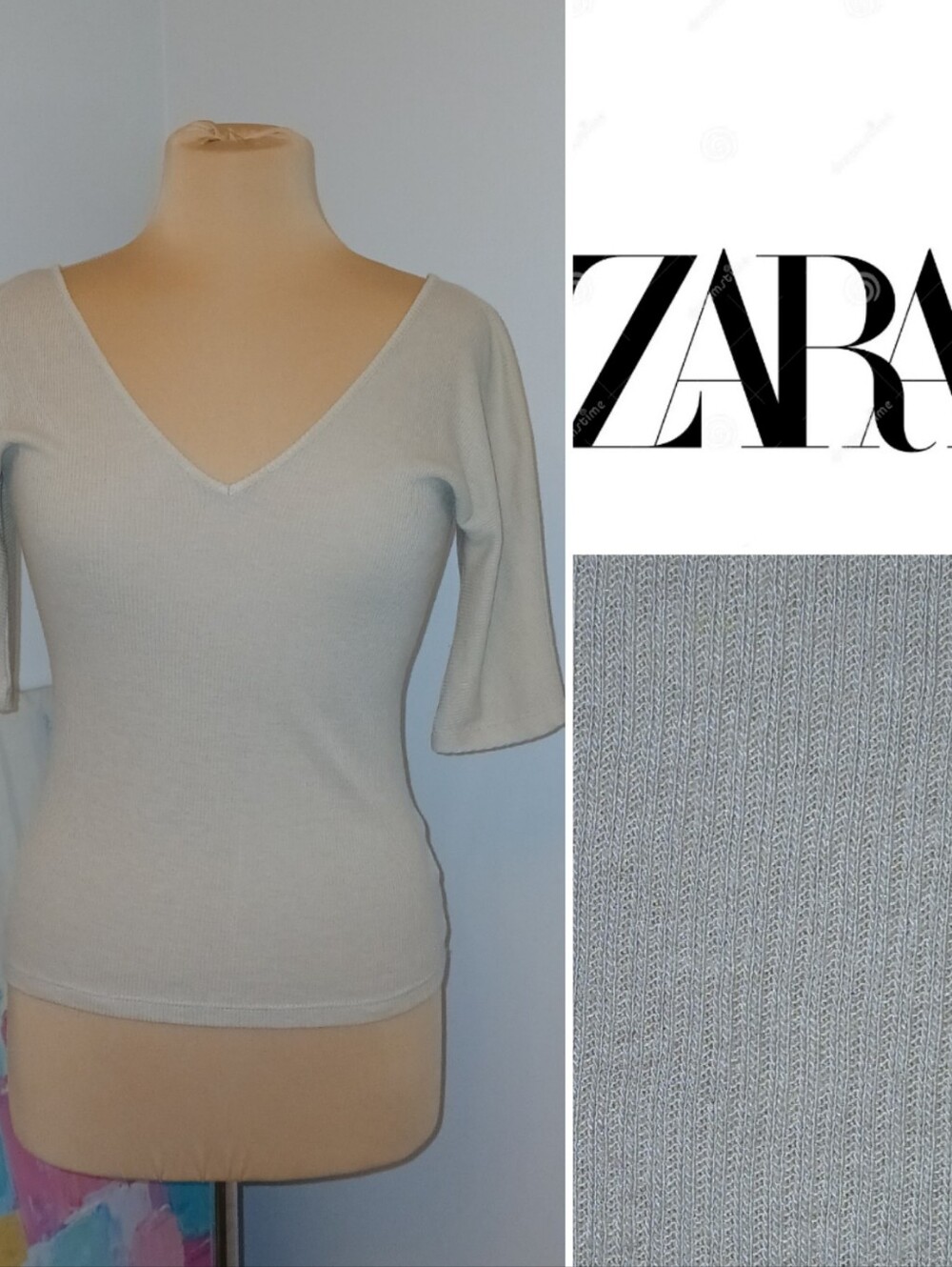 Zara Double V-Neck Fine Ribbed Top, Wool Blend, Oatmeal